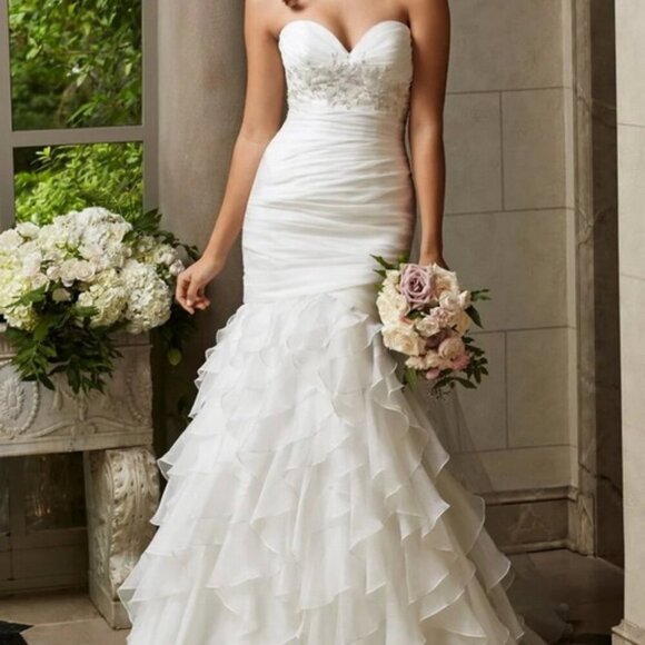 WTOO Ivory Embellished Strapless Organza Ruffle Wedding Gown - Picture 1 of 5